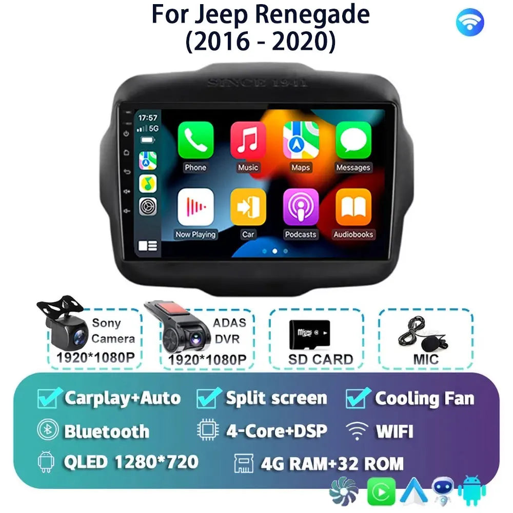 Android 14 For Jeep Renegade 2016 - 2020 2K QLED Android Car Radio Multimedia Video Player GPS AI Voice CarPlay 4G Stereo