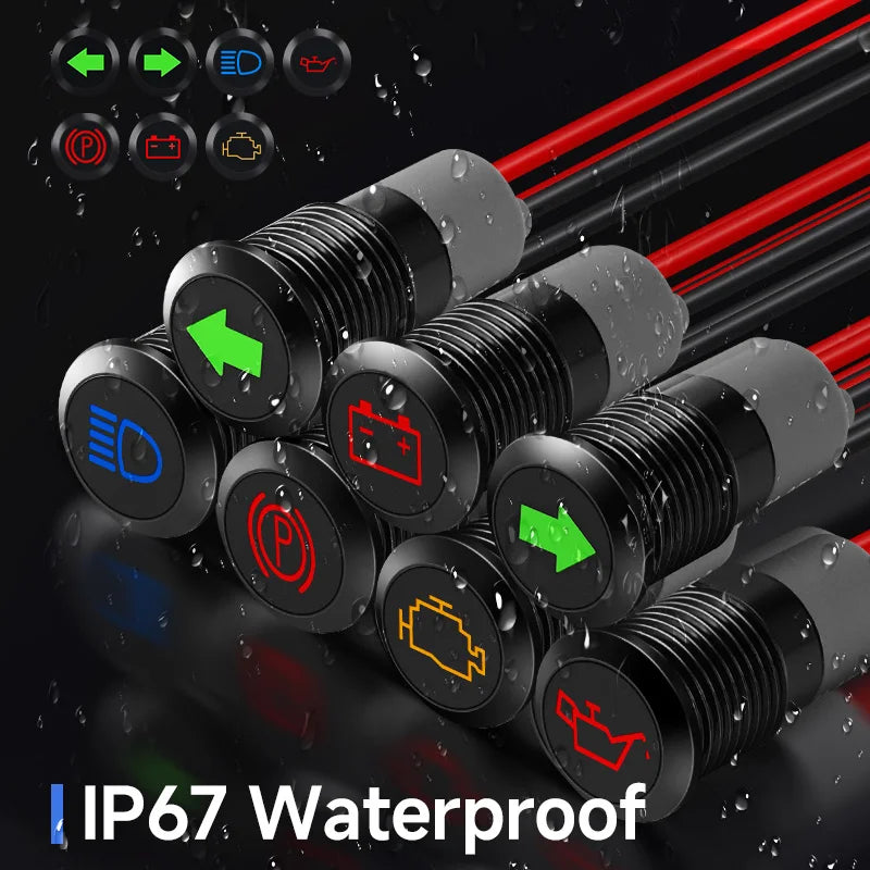 12mm Dashboard Indicator Light 12V Car Turn Signal Trouble Lamp High Beam Metal Waterproof Dash Warning Light with 300mm Wire