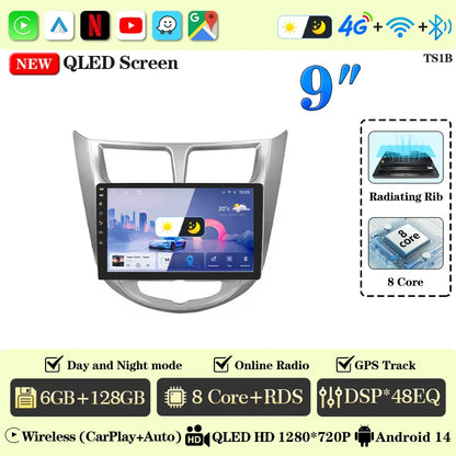 BOSSCAR 9" Car Radio For Hyundai Verna Accent Solaris 2010-2016 2Din Android Car Stereo DVD GPS Navigation Player QLED Carplay