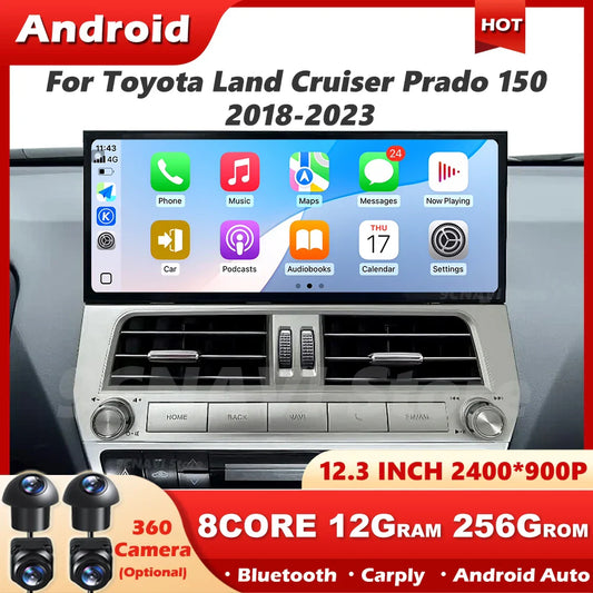 12.3" Android 14 Auto Car Radio Multimedia Player For Toyota Land Cruiser Prado 150 2018-2023 Navigation GPS Carplay Head Unit