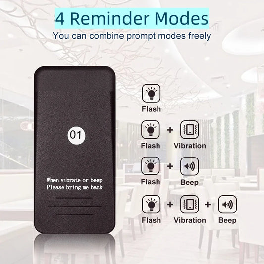 Improve service efficiency with this wireless guest paging system. Includes 16 coaster buzzers with vibration, beep, flash, and LED display, plus 1 keypad transmitter.