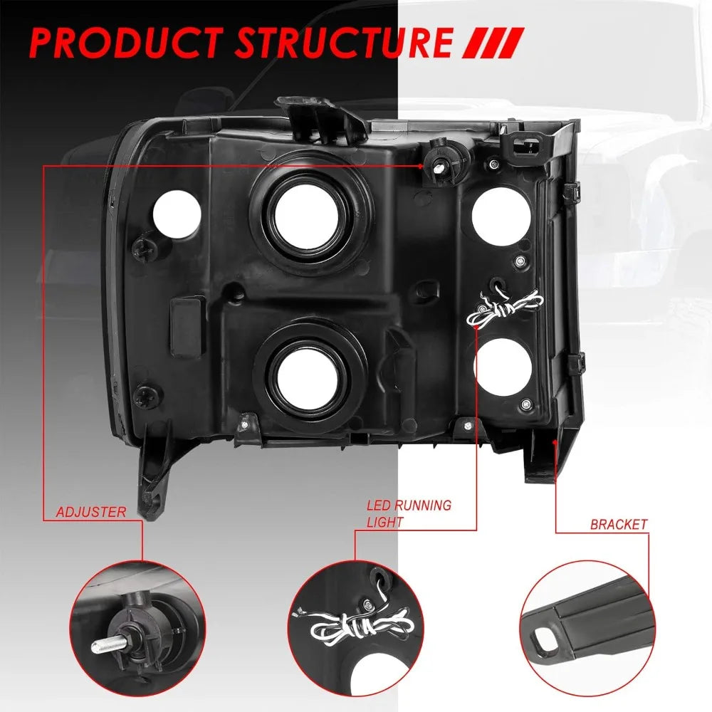LED DRL Headlights Assembly Compatible with GMC Sierra Driver and Passenger Side, Smoked Lens Clear Corner