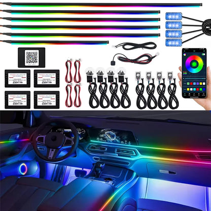 18 in 1 Dual Zone Symphony 64 Colors Streamer Car Ambient Light RGB Interior Rainbow Acrylic Strip Atmosphere Lighting kit App