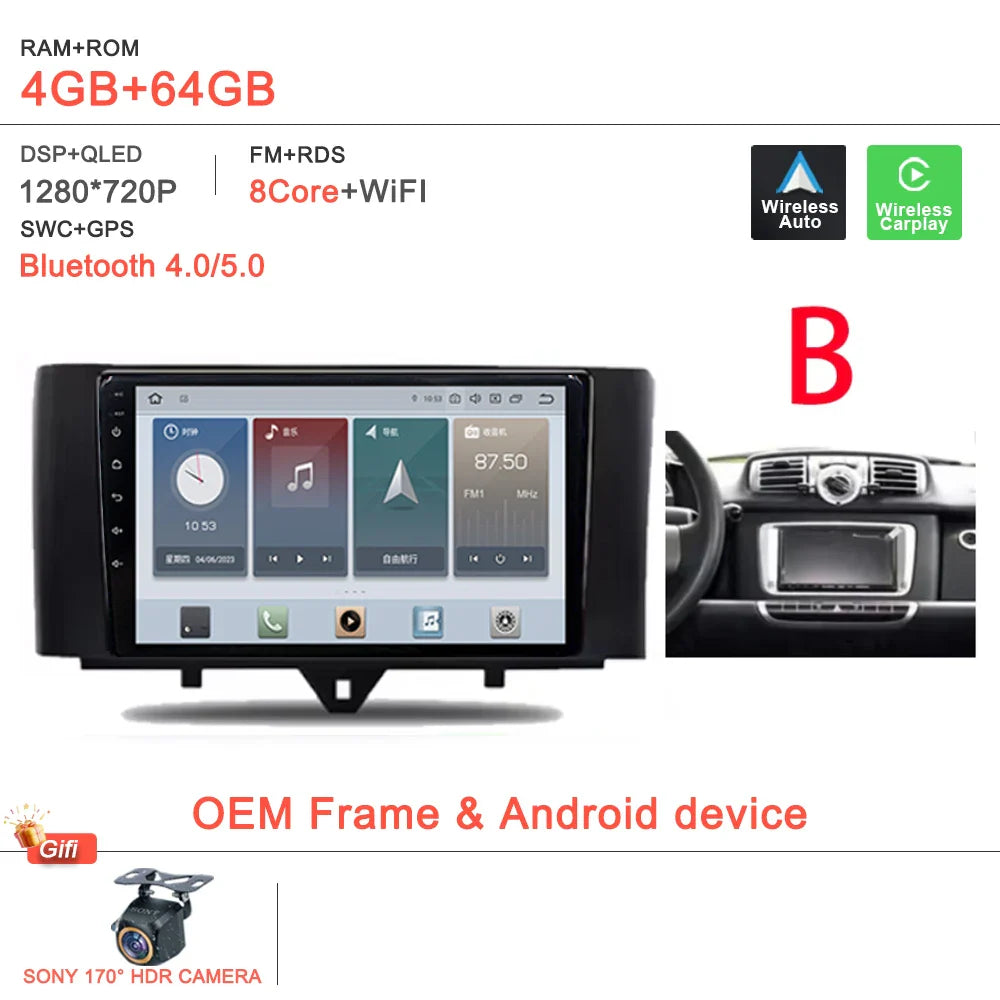 Android 14 Car For Mercedes Benz Smart Fortwo 451 2005 - 2015 Stereo Head Unit GPS Navigation Multimedia Autoradio Dash Cam DVD