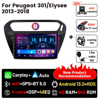 Wireless CarPlay Android Auto Car Bluetooth Radio For Peugeot 301 Citroen Elysee 2013-2018 2Din Android 14 DSP GPS FM Autoradio