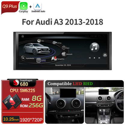 10.25 inch Android 14 For Audi A3 2013-2018 Car Radio Wireless Bluetooth Carplay Head Unit Qualcomm Snapdragon 680 Touch Screen