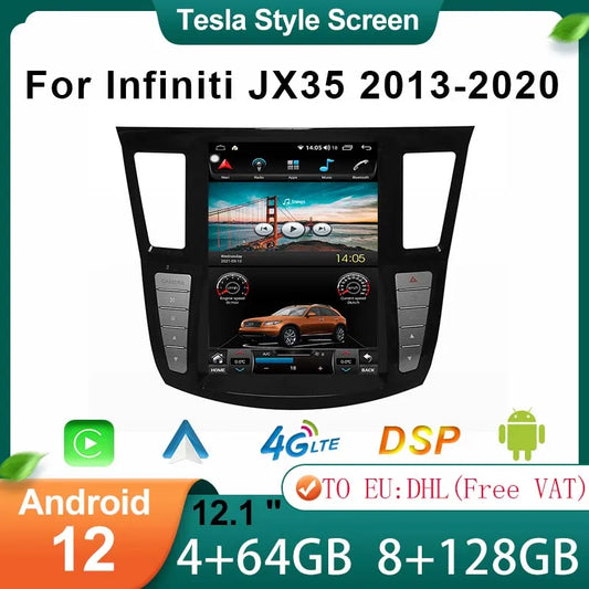 12.1" Tesla Style Vertical Screen Android 12 GPS Navigation Wireless Carpla Video Player For Infiniti JX35 2013-2020y Blue-tooth