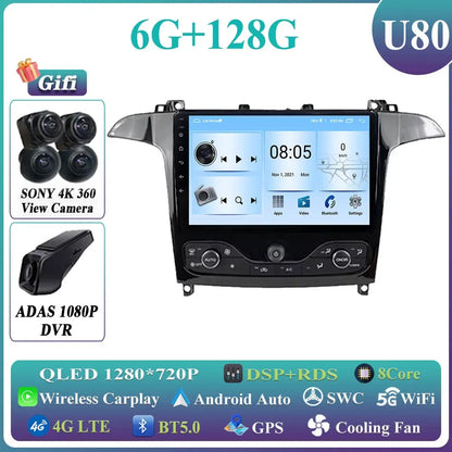 Android 14 Auto radio For Ford S Max S-MAX 2006-2015 For Ford Galaxy 2014 Carplay Multimedia Video player Navigation GPS No 2din