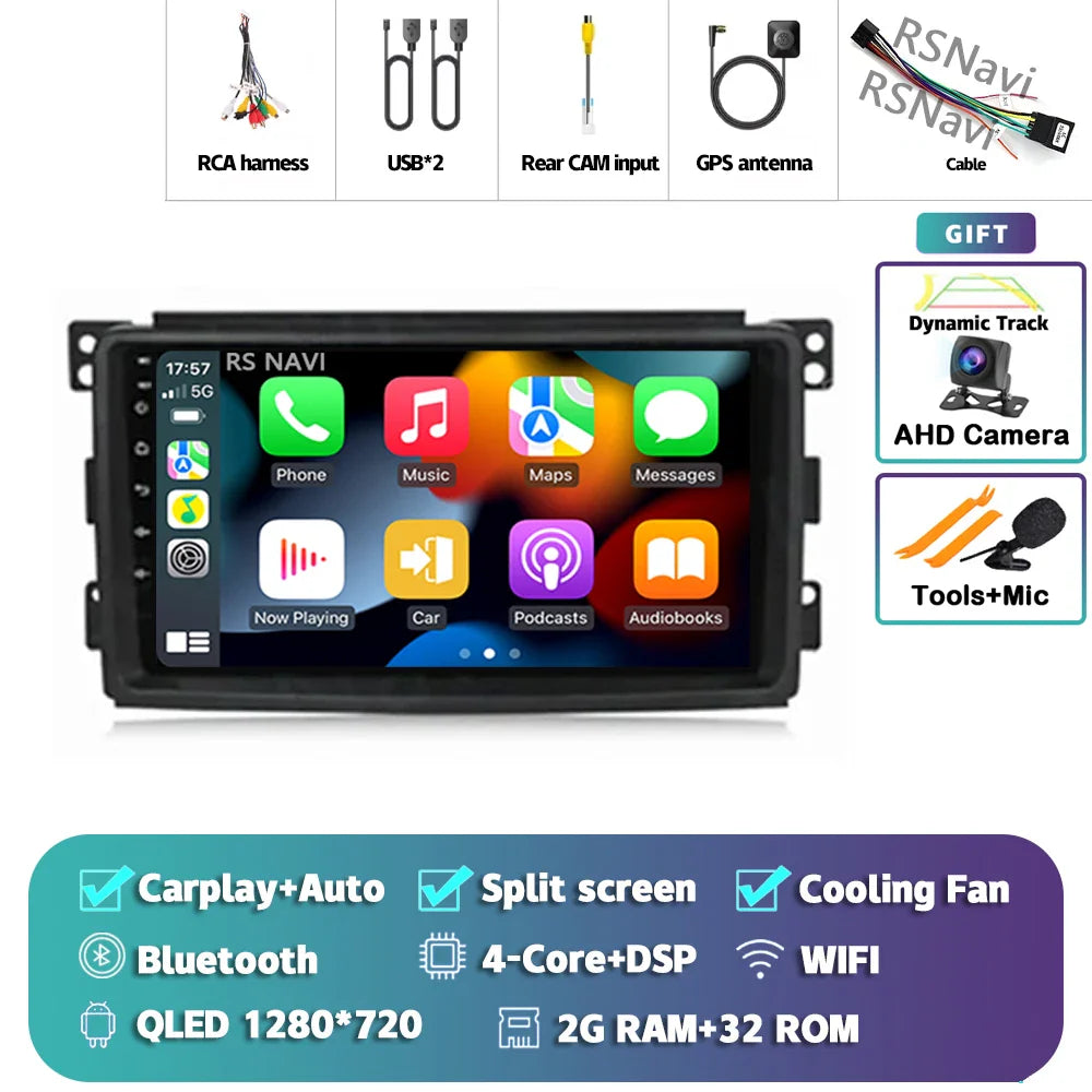Android 14 Carplay Car Radio Multimedia For Mercedes-Benz Smart Fortwo 451 2005 - 2010 Head Unit GPS Navigation Video DVD Stereo