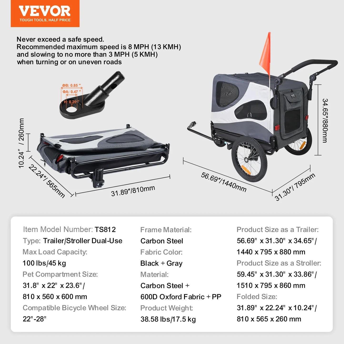 VEVOR 100lbs Dog Bike Trailer 2-in-1 Pet Stroller Cart Bicycle Carrier Folding Cart Frame with Wheels Reflectors Flag for Dogs