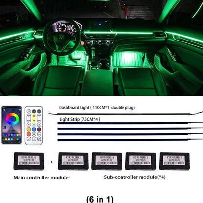 22 in 1 Universal Ambient Light Car Interior Acrylic Strip Kit 213 64 Color RGB Symphony Rainbow Dashboard Atmosphere Light APP