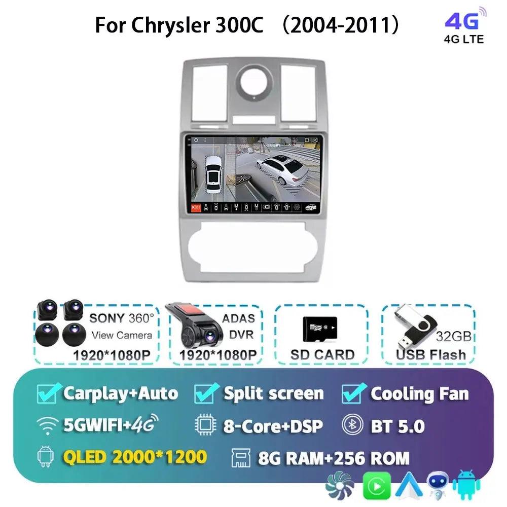 Android 15 For Chrysler 300C 2004-2011 Auto Carplay Car Radio Navigation GPS Video Multimedia Player 360 Camera 4G WIFI DSP