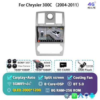Android 15 For Chrysler 300C 2004-2011 Auto Carplay Car Radio Navigation GPS Video Multimedia Player 360 Camera 4G WIFI DSP
