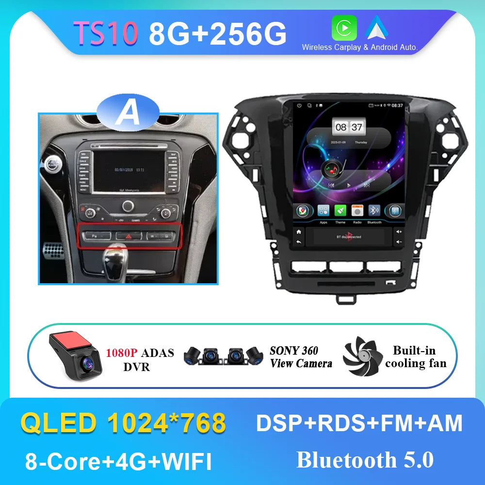 9.7 Inch Android 14 Car Radio Stereo Multimedia Player For Ford Mondeo MK4 2011 - 2013 Auto GPS Navigation wireless carplay DVD