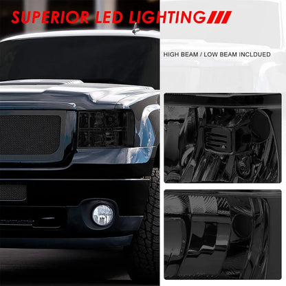 LED DRL Headlights Assembly Compatible with GMC Sierra Driver and Passenger Side, Smoked Lens Clear Corner