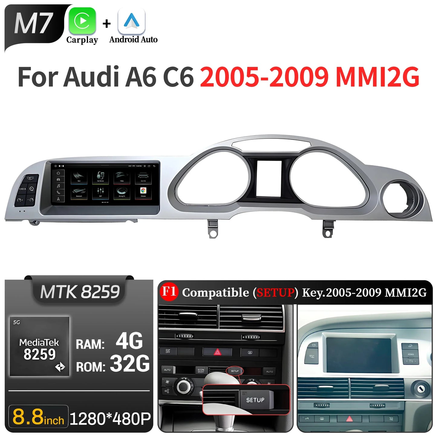 8.8 inch Right Hand Drive Android 14 For Audi A6 C6 2005-2011 Car Radio Wireless BT Carplay Qualcomm Snapdragon 680 Touch Screen