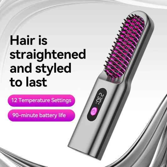 Portable Travel Thermostatic Hot Comb Hair Straightener Ceramic Heated USB Charging Fast Heating Brush Straightening Comb Curler
