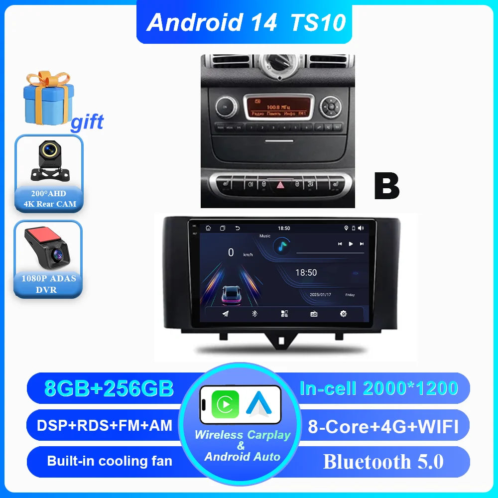 Car Android 14 GPS Navigation For Mercedes Benz Smart Fortwo 451 2010 - 2015 Auto Radio Stereo Multimidia Player Carplay NO 2DIN