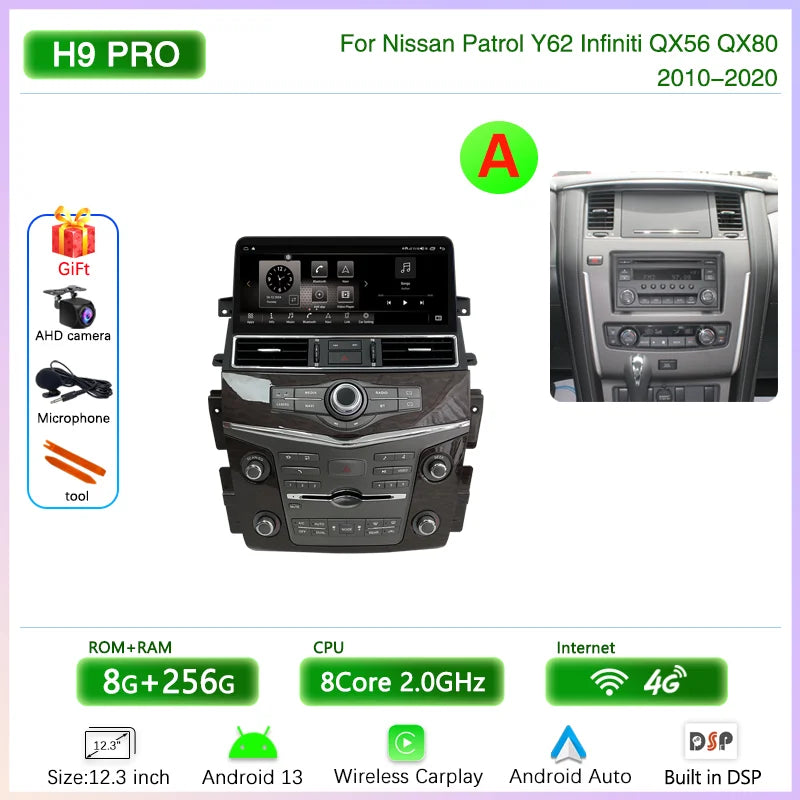 12.3 " Android13 Car Multimedia Video Player For Nissan Patrol Y62 Infiniti QX56 QX80 2010-2020 GPS Navigation CarPlay Auto 4G