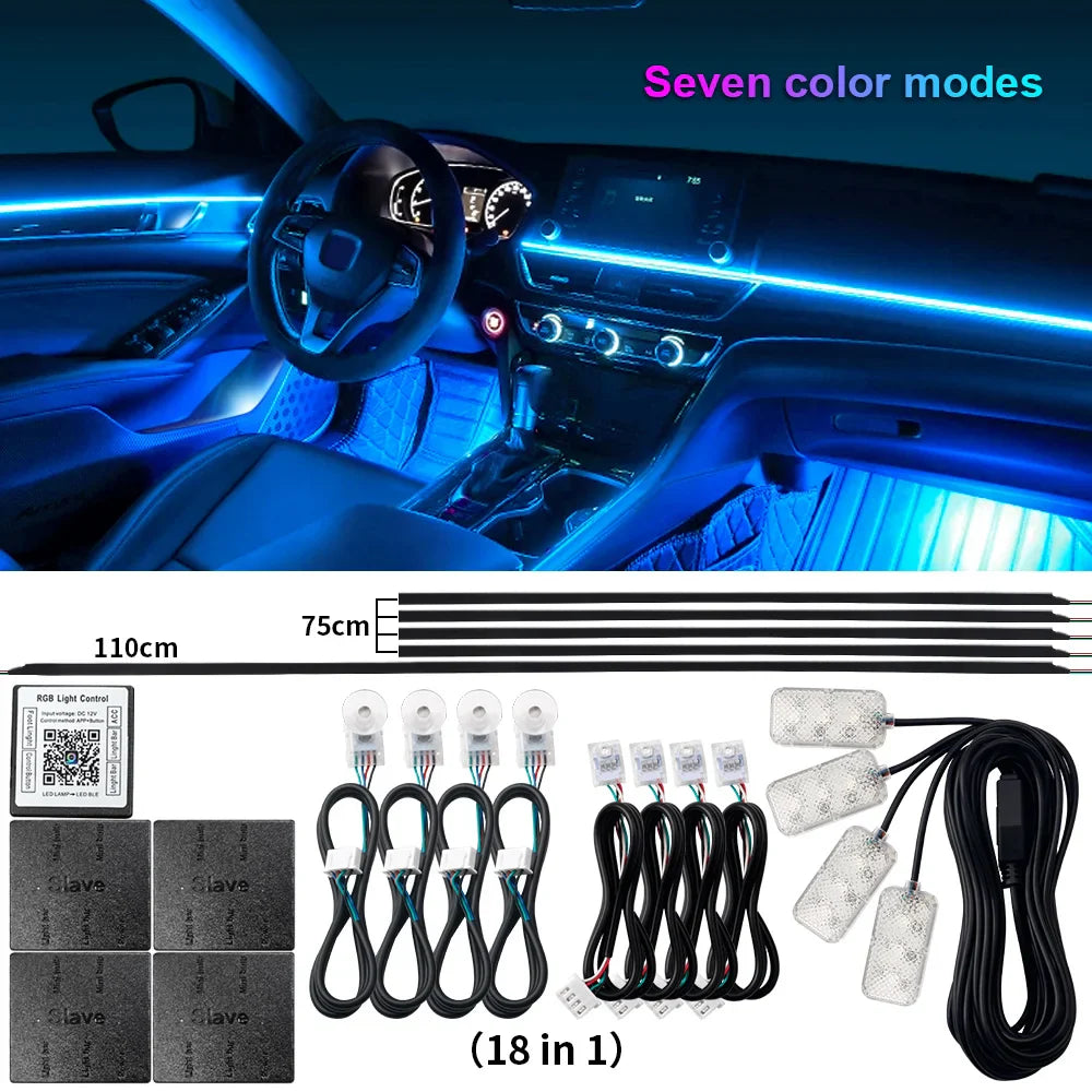 18 in 1 Dual Zone Symphony LED Car Ambient Light Rainbow Neon RGB Acrylic Strip Interior Decoration Streamer Atmosphere Lamp 12V
