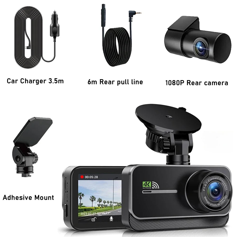 Real 4K WiFi Dual Dash Cam,Optional Rear/Cabin Camera,3" IPS Screen with Night Vision,24H Parking Mode Dashboard Camera Recorder