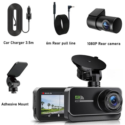 Real 4K WiFi Dual Dash Cam,Optional Rear/Cabin Camera,3" IPS Screen with Night Vision,24H Parking Mode Dashboard Camera Recorder