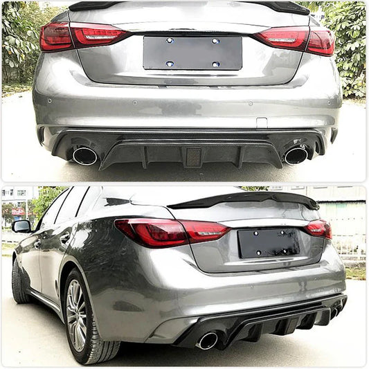 Carbon Fiber Rear Bumper Diffuser Lip Spoiler for Infiniti Q50 Q50S Sedan 4D 2018 2019 Car Rear Apron Lip With Light Body Kit
