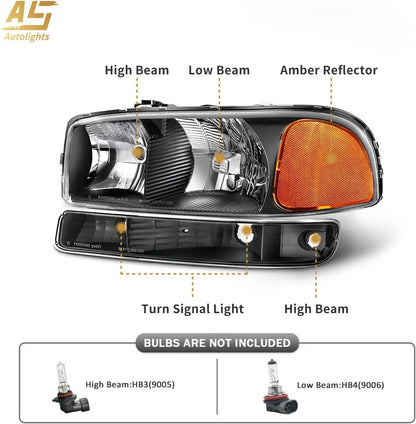 Headlights Compatible with 1999 2000 2001 2002 2003 2004 2005 2006 GMC Sierra 1500HD 2500HD/2007 1500 2500 3500 Clsic / 00-06 Yu