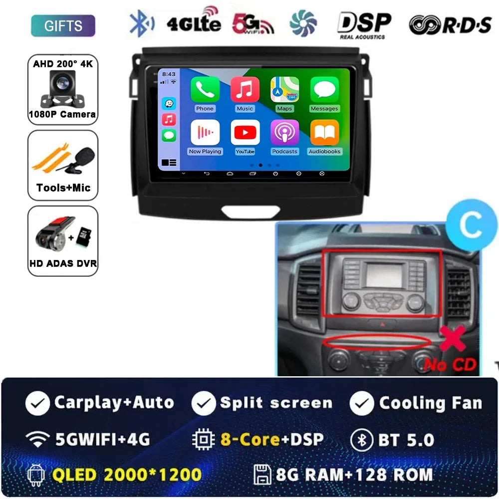 Android 15 Car Radio Stereo QLED Screen For Ford Ranger 2015 2016 2017 2018 2019-2022 GPS Multimedia Carplay Autoradio Head unit