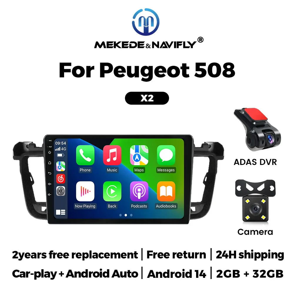 MEKEDE&NAVIFLY Wireless Carplay Auto Android 14 Car Radio Multimedia Player for Peugeot 508 2011-2018 Stereo GPS 2 Din Head Unit