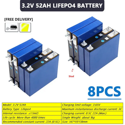 Hot sale 3.2V 52Ah 55Ah LiFePO4 battery 3000+cycles  3C Grade A DIY 12v 24v 48v E-boat Car motor RV Inverter Solar Light