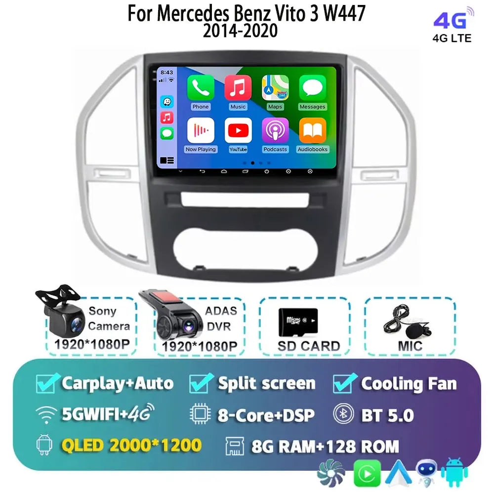 Android 14 For Mercedes Benz Vito 3 W447 2014-2020 2K QLED Android Car Radio Multimedia Video Player 4G Stereo CarPlay Head Unit