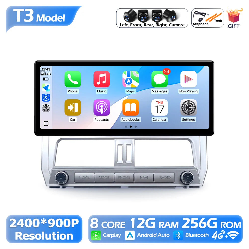 2400*900P 12.3 Inch For Toyota Prado 2018 Car Multimedia Plyaer Stere Radio WIFI Android Auto Carplay Bluetooth 4G DSP RDS