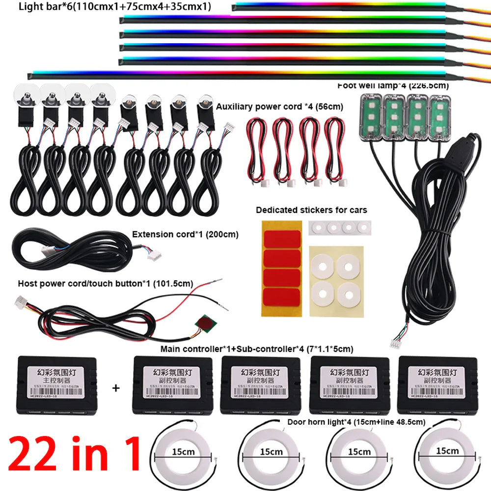 18 / 22 In 1 Streamer Car Ambient Lights RGB 213 64 Color LED Interior Rainbow Acrylic Strip Symphony Remote Atmosphere Lamp Kit