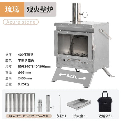 Camping Tent Stove Stainless Steel Smokeless Fireplace Secondary Burning Wood Stove Large Glass Window Firewood Heater