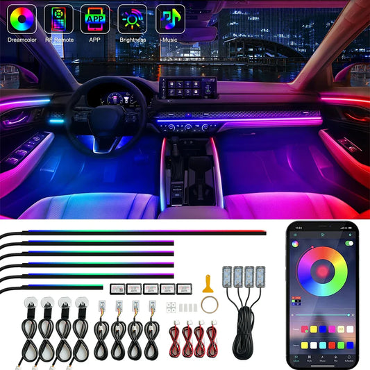 14 in 1 Dual Zone Symphony LED Car Ambient Lights RGB 64 Colors Interior Rainbow Acrylic Strip Neon Atmosphere Lighting Kit App