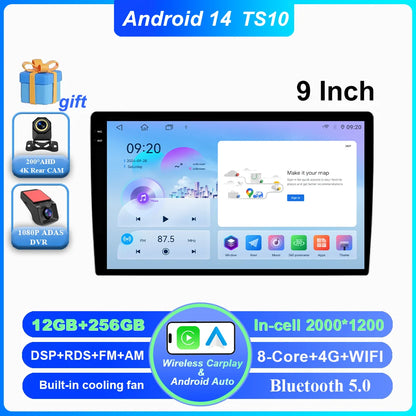 Android 14 CarPlay car radio Android Auto GPS multimedia player 2 DIN universal 9/10 inch Car stereo WiFi player QLED Screen BT