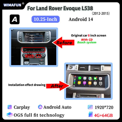 10.25" For Range Rover Evoque L538 2012-2018 Car Radio Navigation Multimedia Screen Bluetooth Player Android 14 Carplay Auto