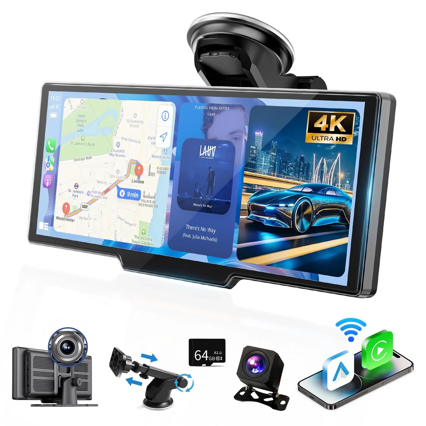 Wireless BT Car Audio Stereo Player Portable Carplay Screen with 4K Dash Cam  10" HD IPS Carplay&Android Auto Screen Mirror Link