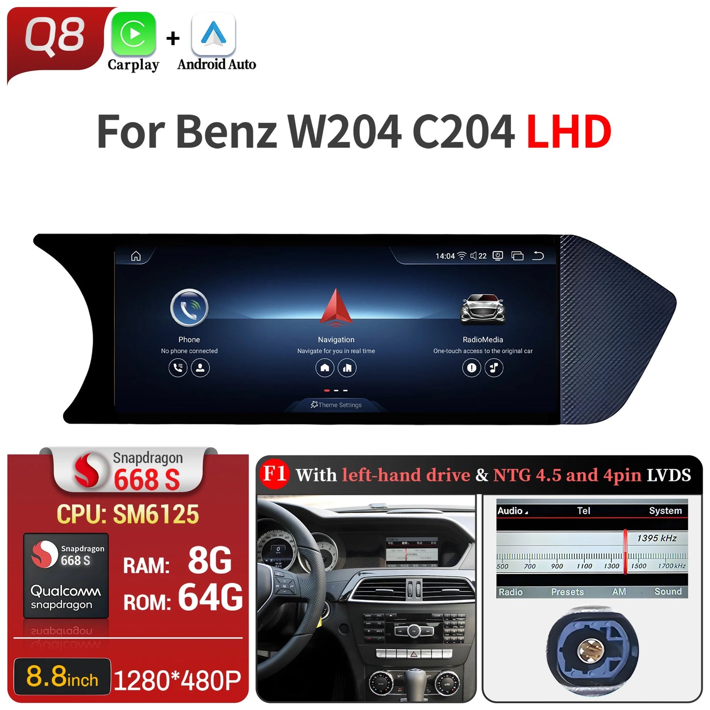 8.8 inch Android 14 For Mercedes Benz C Class W204 S204 2011-2015 Car Radio BT Carplay Qualcomm Snapdragon 680 Head Unit Screen
