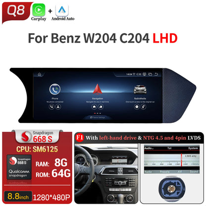 8.8 inch Android 14 For Mercedes Benz C Class W204 S204 2011-2015 Car Radio BT Carplay Qualcomm Snapdragon 680 Head Unit Screen