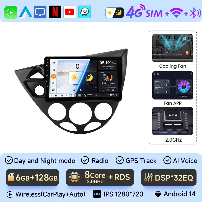 JIUYIN Wireless CarPlay Android Auto Radio for Ford Fiesta 1995-2001 Focus MK1 1998-2004 GPS 2din autoradio