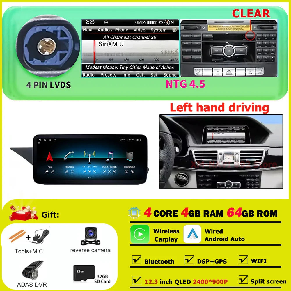 Car Radio Multimedia Android 14 For Mercedes Benz E Class W212 2009-2015 Auto Navigation GPS WIFI 4G Wireless CarPlay DSP Stereo