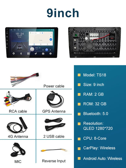 1DIN android 13 TS18 QLED 1280 Car Radio 9/10inch Universal Host Player Navigation Video Multimedia For lada hyundai Suzuki Ford