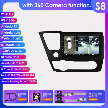 Hizpo For Honda Civic 9 2013 2014 2015 2016 Android 13 Carplay Car Radio Multimedia Video Player GPS Navigation 2 Din Autoradio