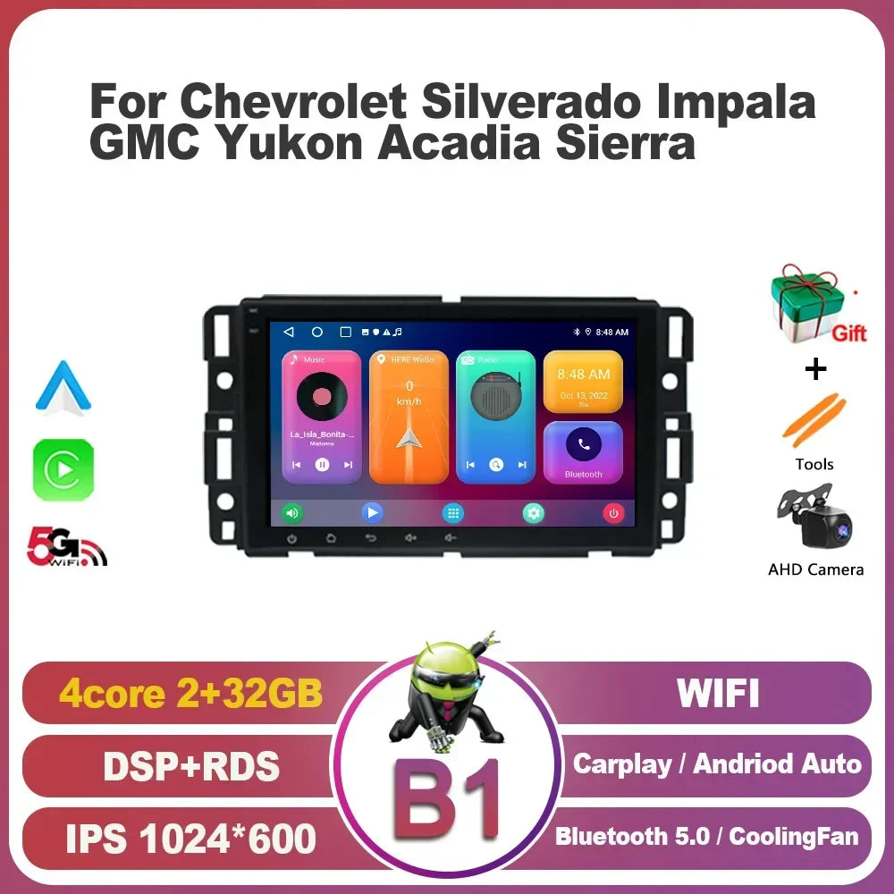 Stereo 2 Din Screen  Android 13  For Chevrolet Silverado Impala GMC Yukon Acadia Sierra Radio Multimedia Wireless