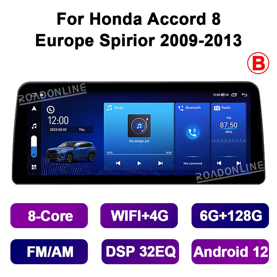 12.3” Android 12 For Honda Accord 8 Europe Spirior Acura Tsx 2009-2013 8+256GB Car GPS Multimedia Player Stereo Receiver Radio