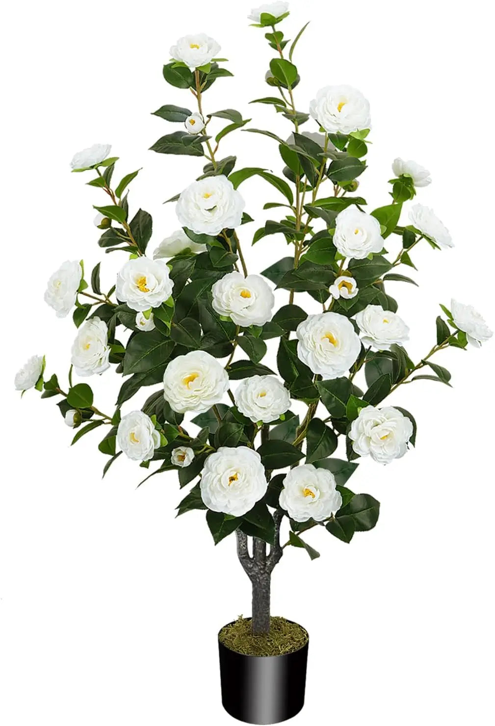 Artificial Camellia Fake Tree, Artificial Plants & Flowers with 32 Yellow Pink Flowers