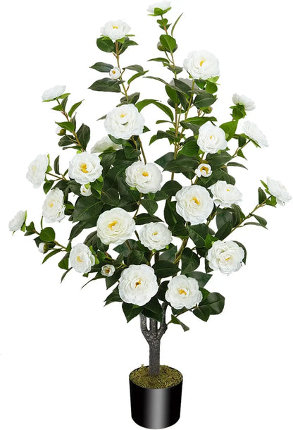 Artificial Camellia Fake Tree, Artificial Plants & Flowers with 32 Yellow Pink Flowers