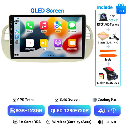 Android 15 8+256G For Fiat 500 Car Radio Stereo GPS Navigation Mirror Connection Split Screen Multimedia Carplay Auto Player DSP